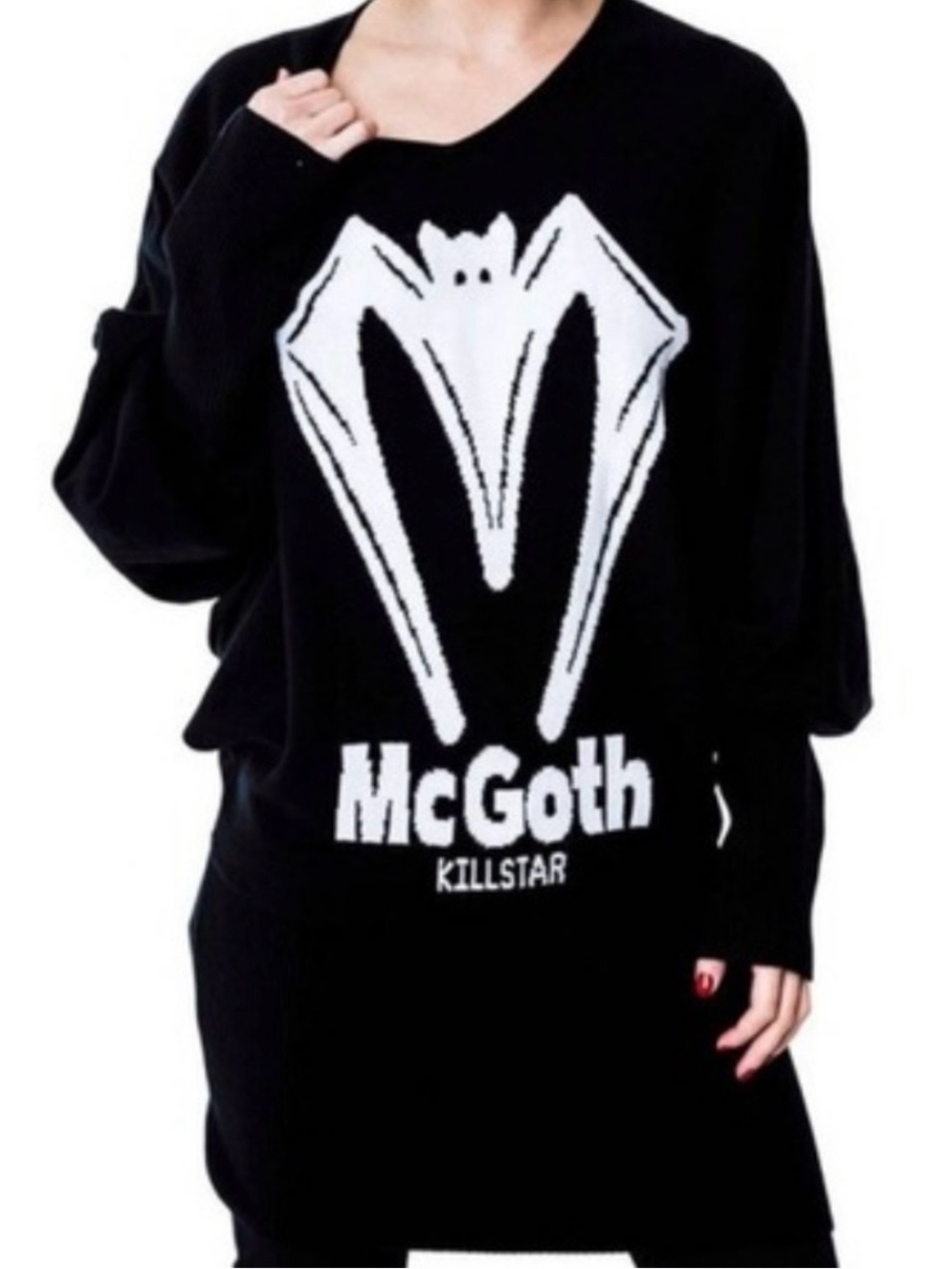 KILLSTAR "McGoth" Black V-Neck Bat-Wing Graphic Sweater - Oversized Small - GUC